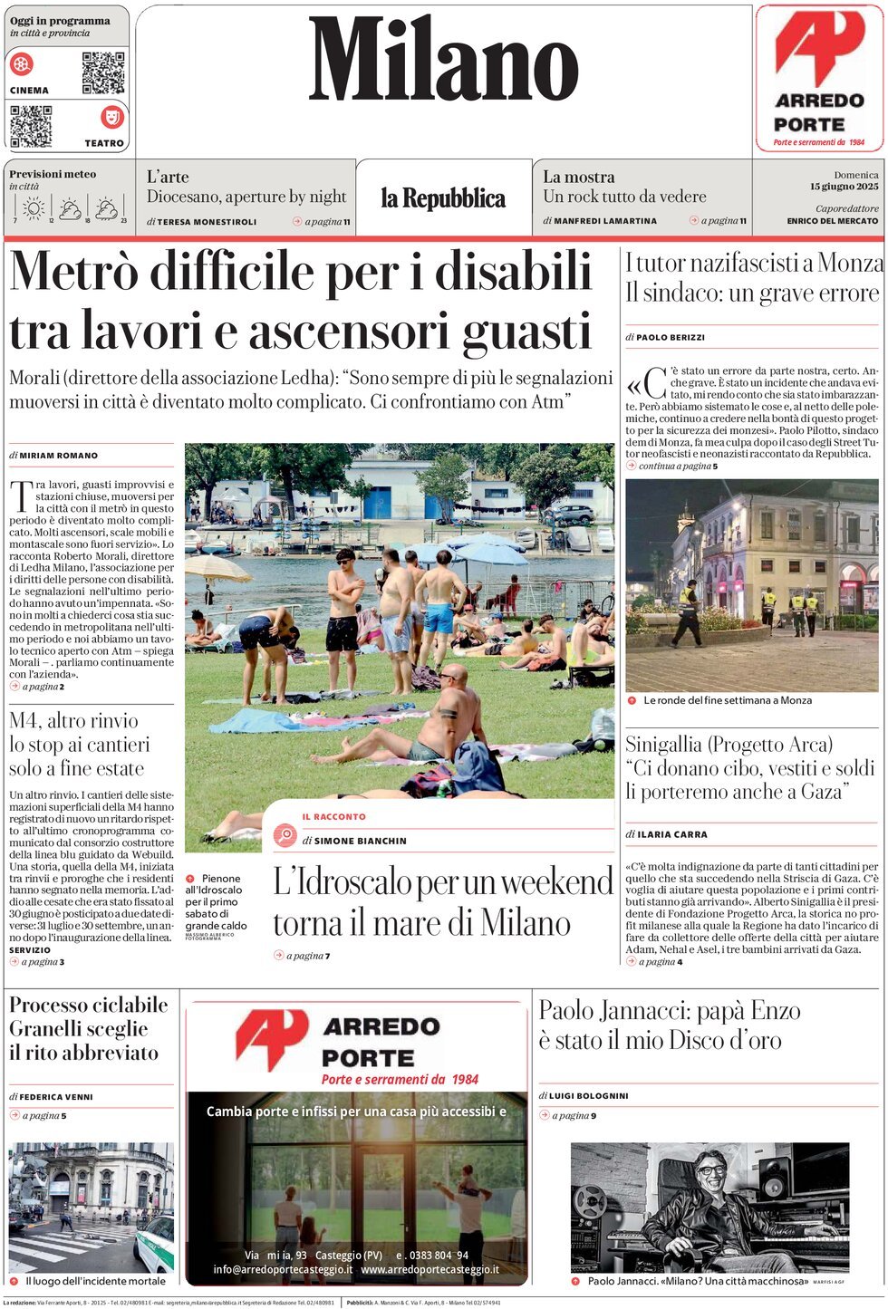 Prima Pagina La Repubblica (Milano) 15/06/2025