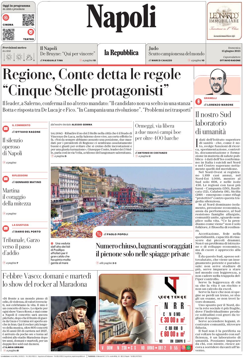 Prima Pagina La Repubblica (Napoli) 15/06/2025