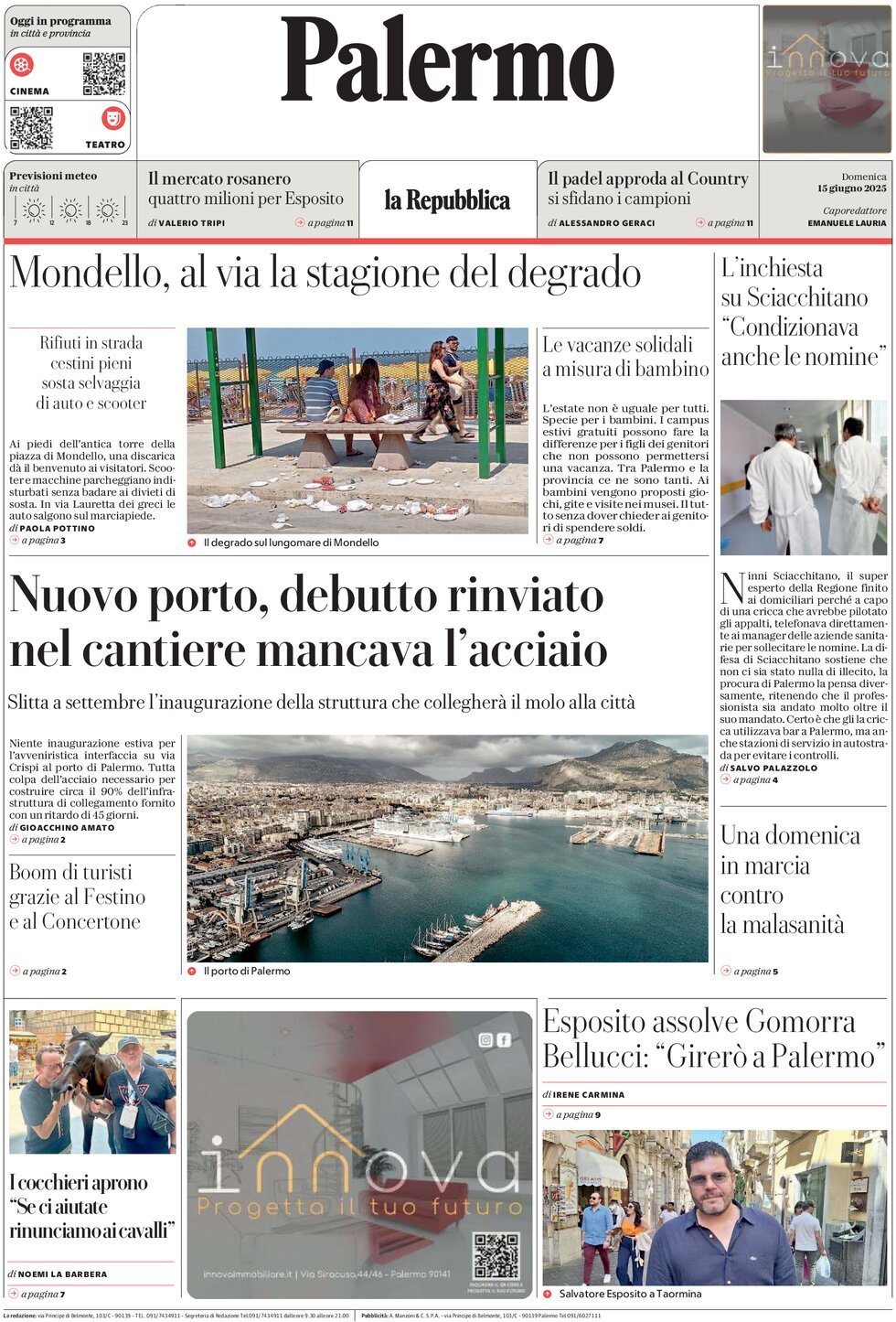 Prima Pagina La Repubblica (Palermo) 15/06/2025