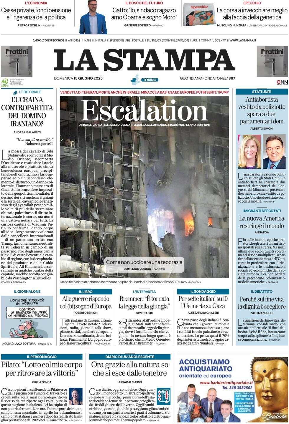 Prima Pagina La Stampa 15/06/2025