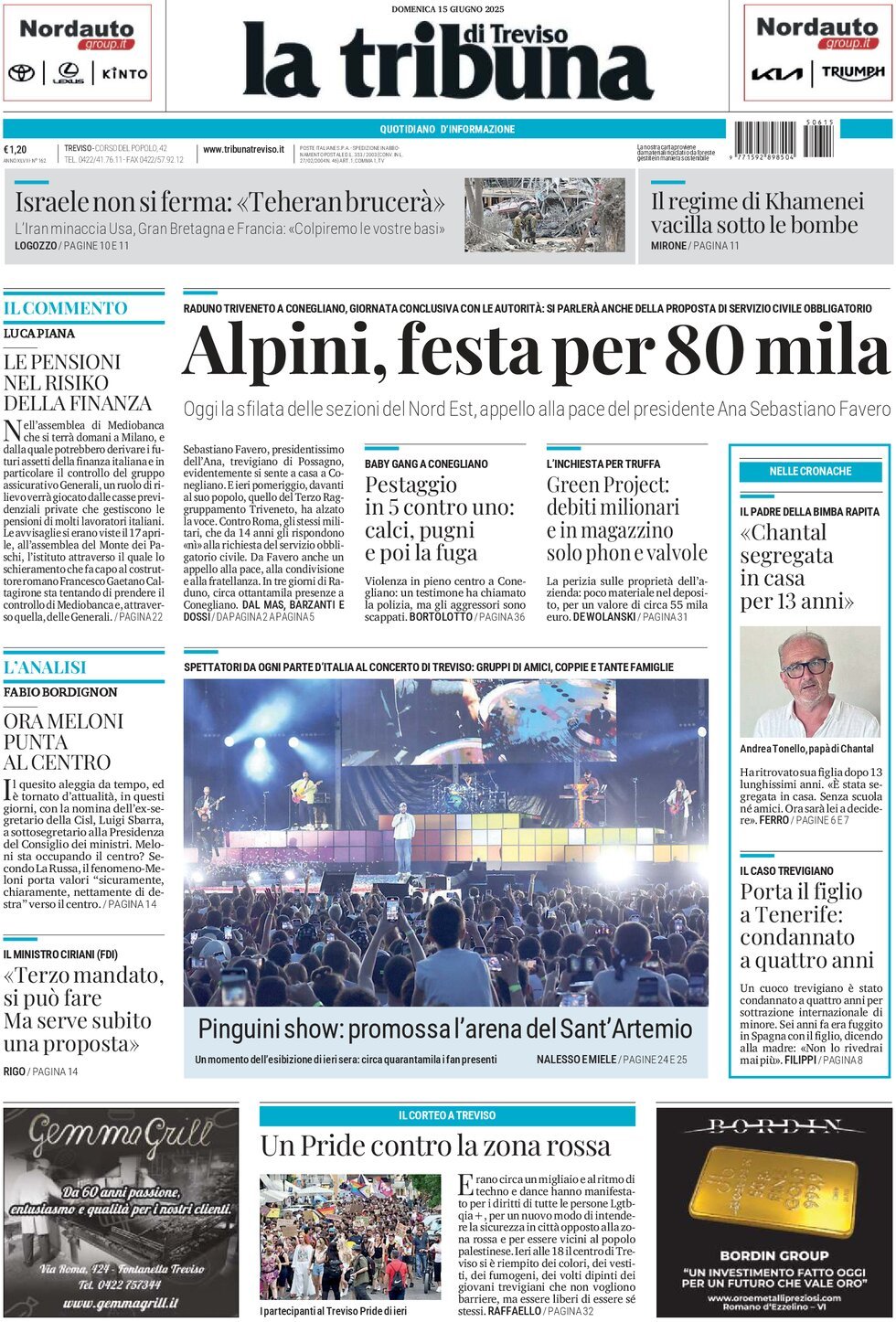 Prima Pagina La Tribuna di Treviso 15/06/2025
