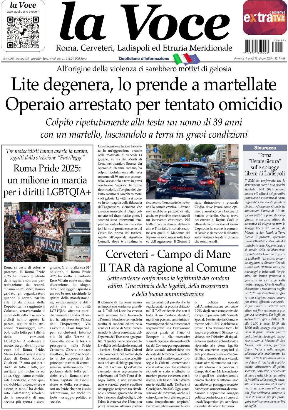 Prima Pagina La Voce (Roma) 16/06/2025