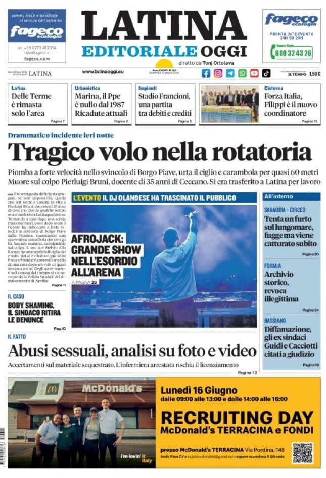 Prima Pagina Latina Editoriale Oggi 15/06/2025