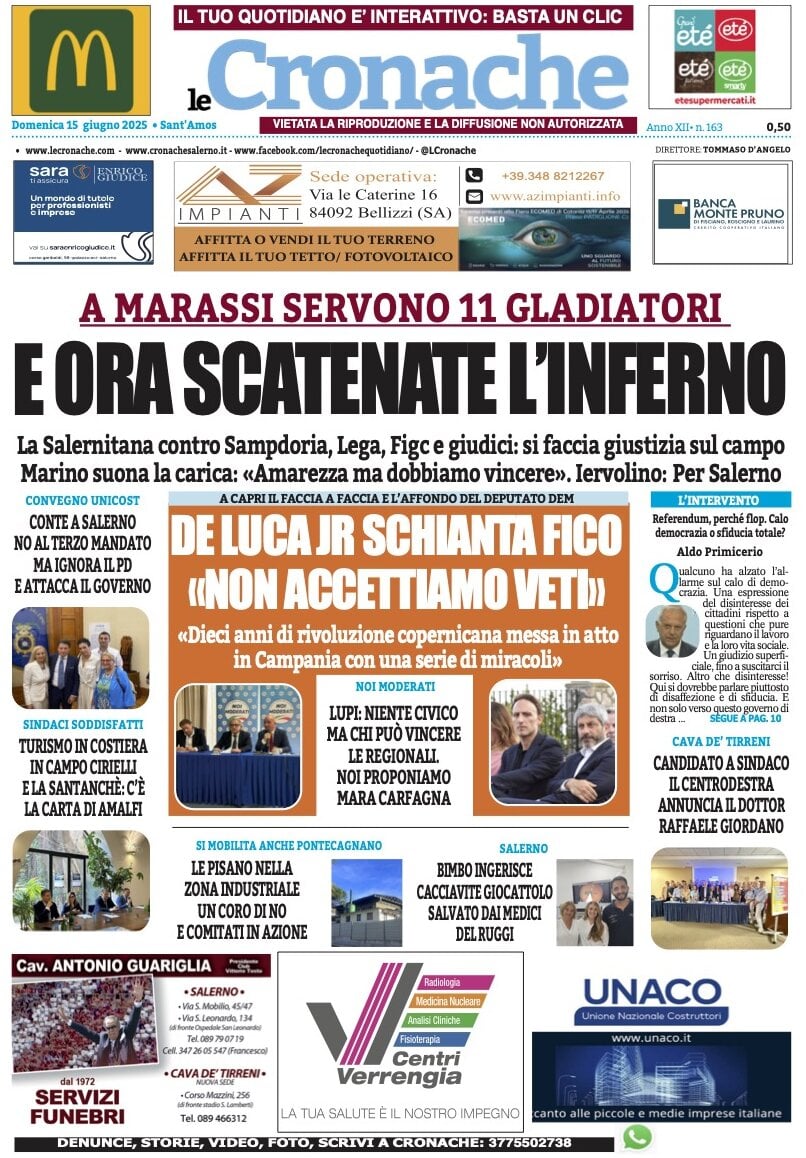 Prima Pagina Le Cronache (Salerno) 15/06/2025