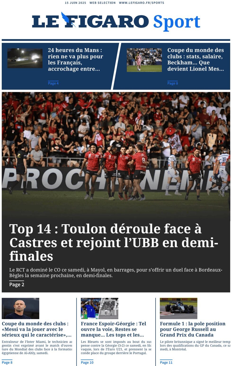 Prima Pagina Le Figaro SPORT 15/06/2025