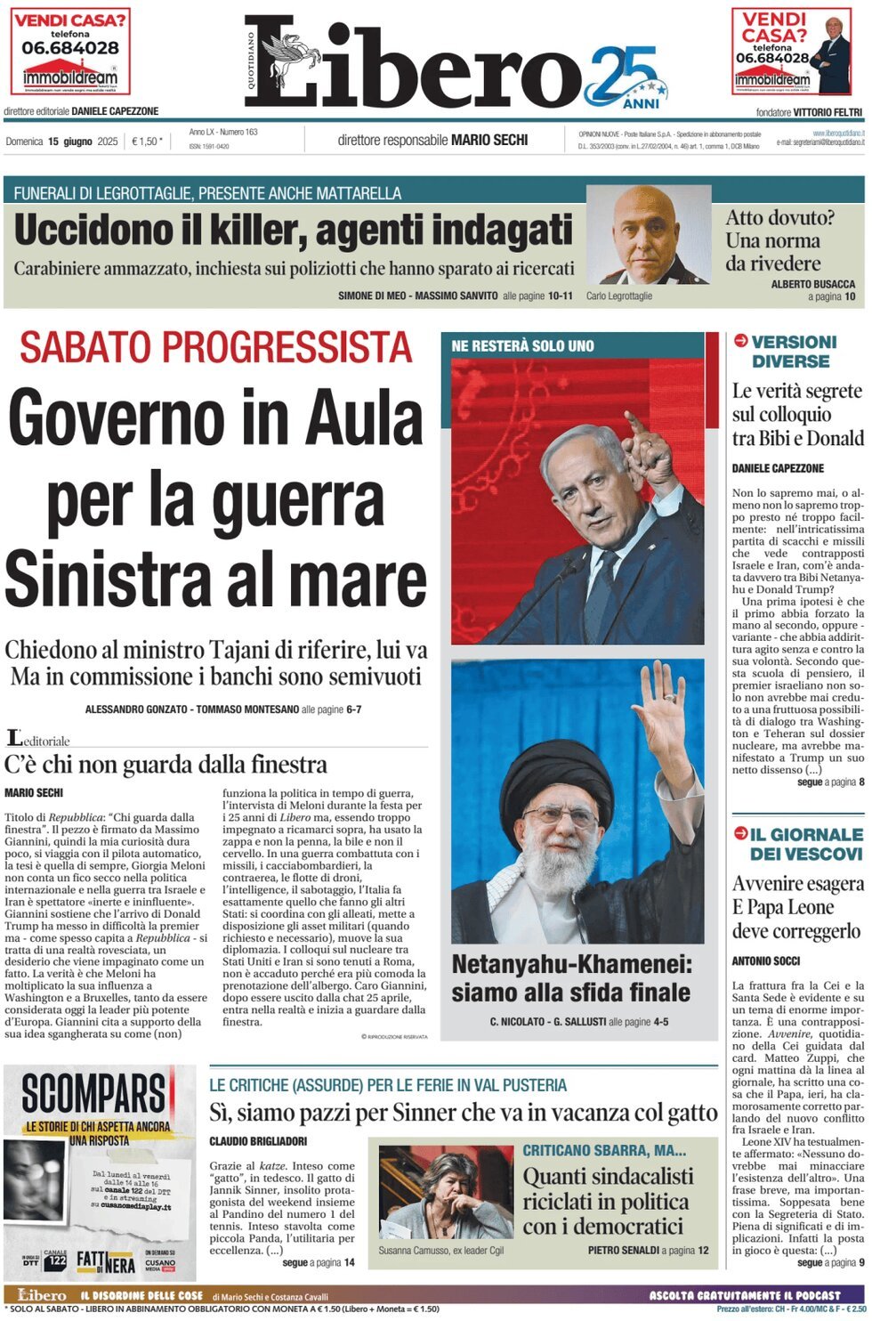 Prima Pagina Libero Quotidiano 15/06/2025