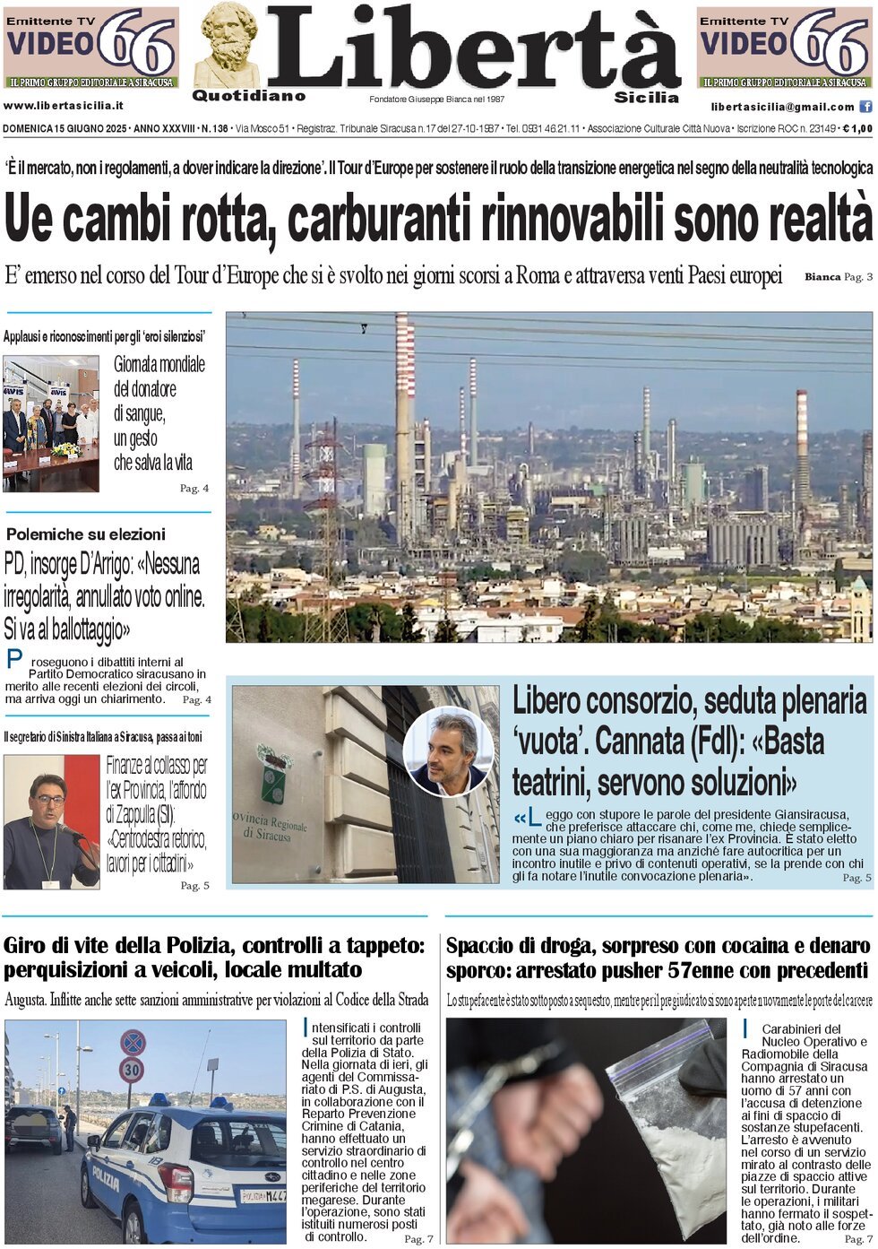 Prima Pagina Libertà Sicilia 15/06/2025