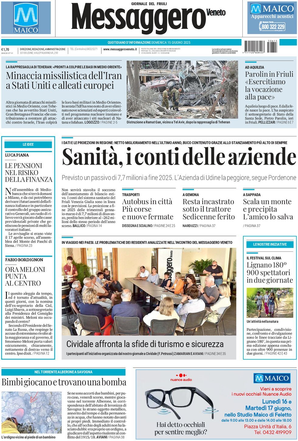 Prima Pagina Messaggero Veneto (Udine) 15/06/2025