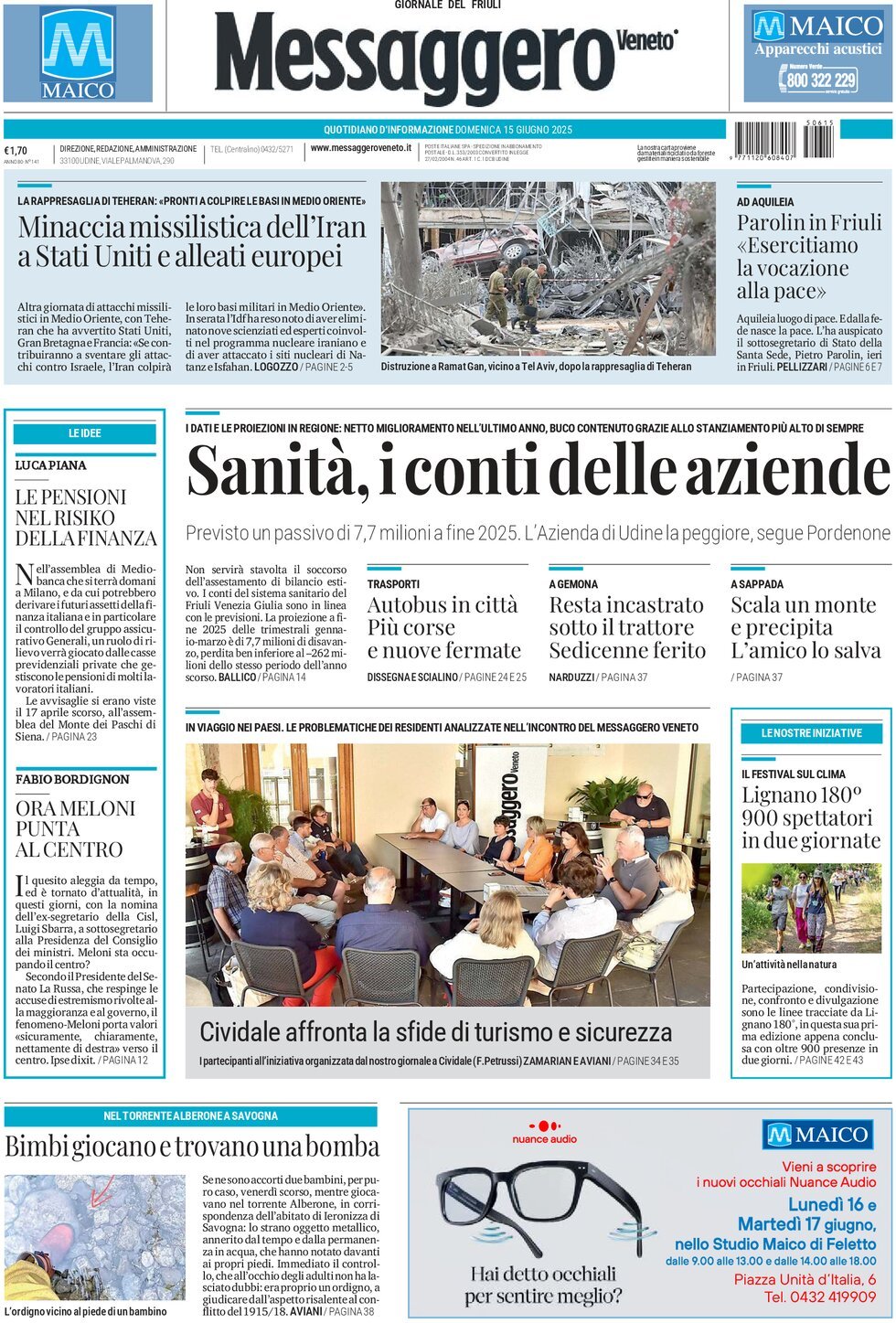 Prima Pagina Messaggero Veneto (Gorizia) 15/06/2025