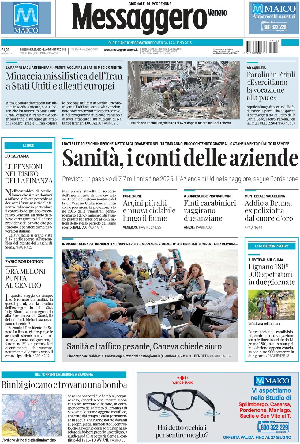 Prima Pagina Messaggero Veneto (Pordenone) 15/06/2025