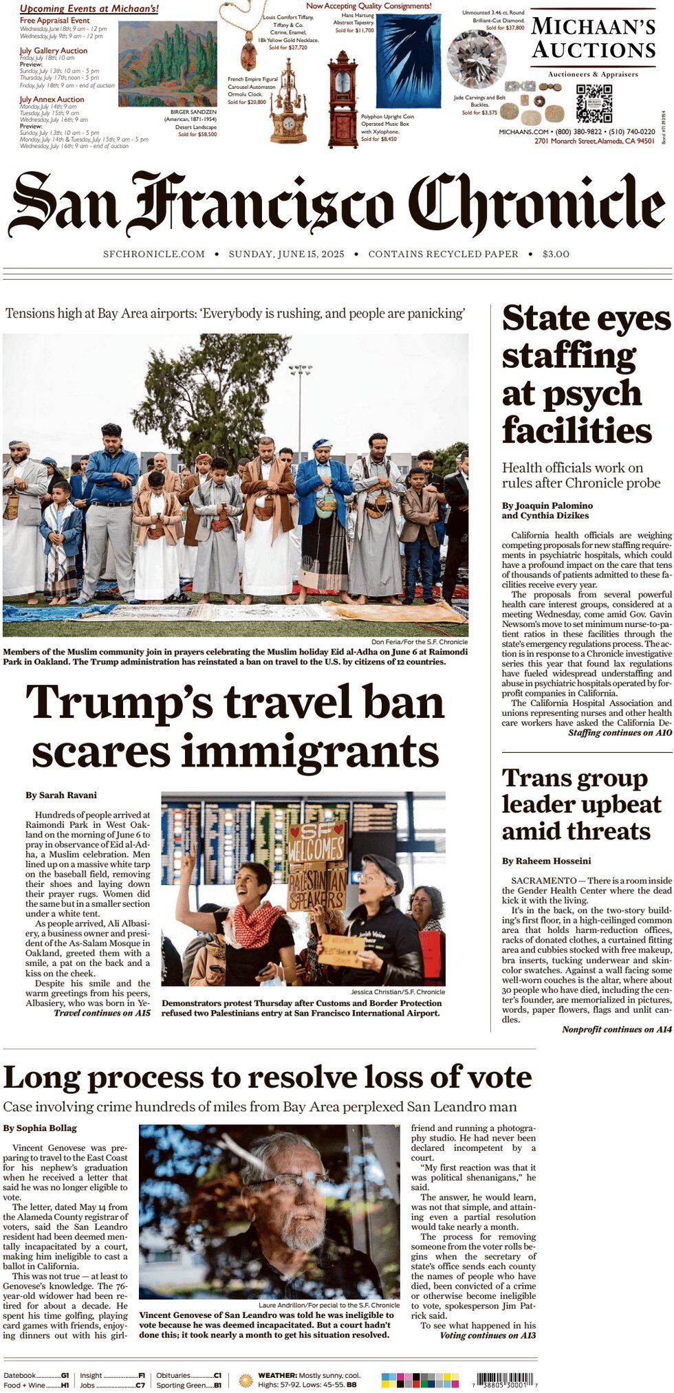 Prima Pagina San Francisco Chronicle 15/06/2025