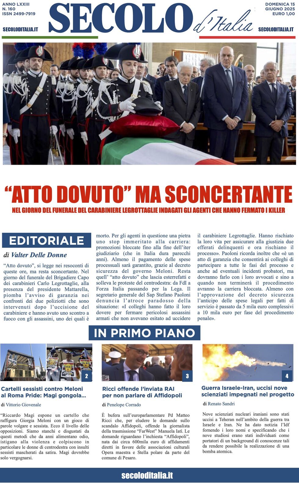 Prima Pagina Secolo d'Italia 15/06/2025