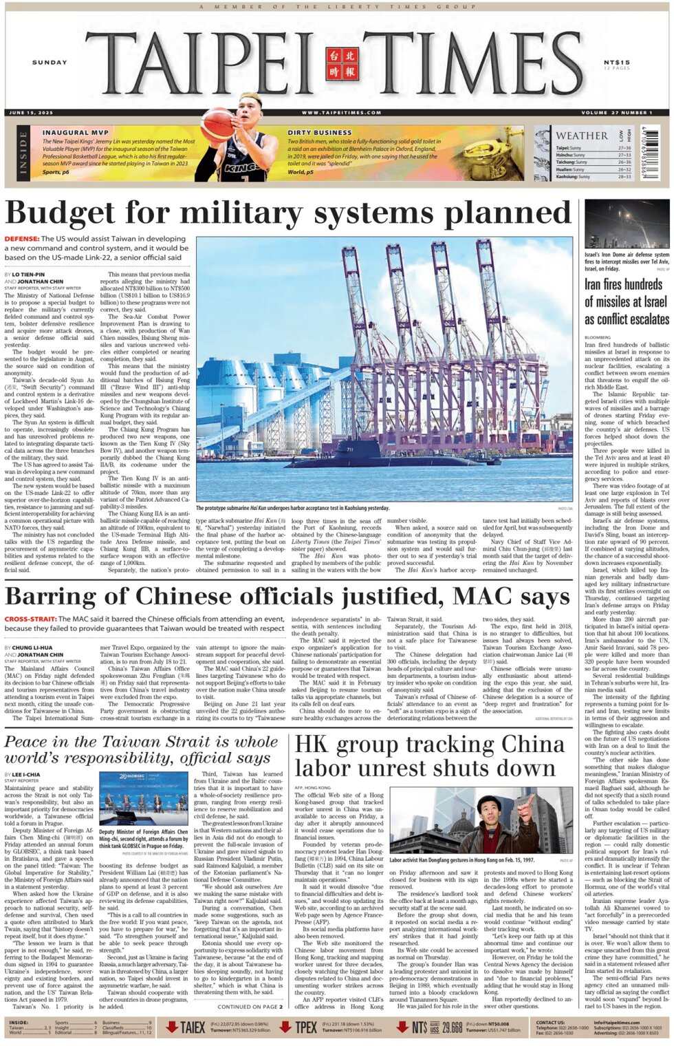 Prima Pagina Taipei Times 15/06/2025