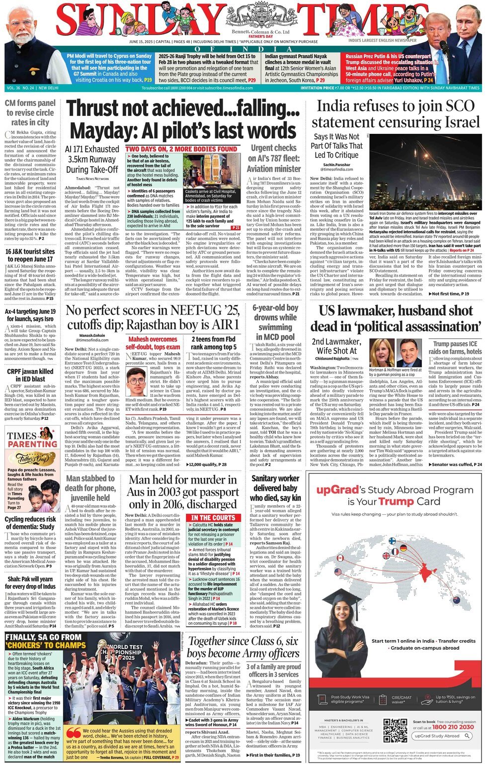 Prima Pagina The Times of India 15/06/2025