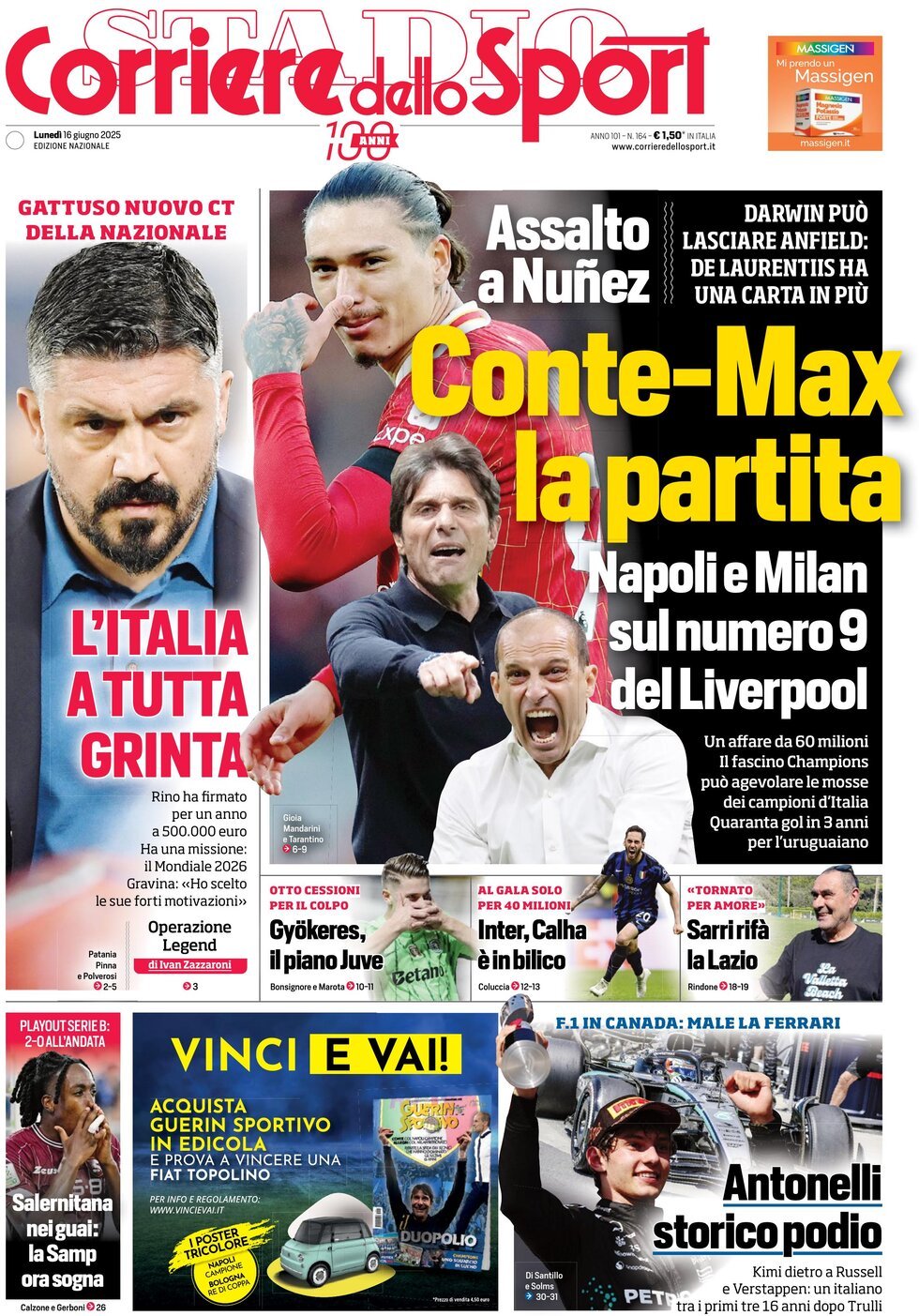 Prima Pagina Corriere dello Sport 16/06/2025