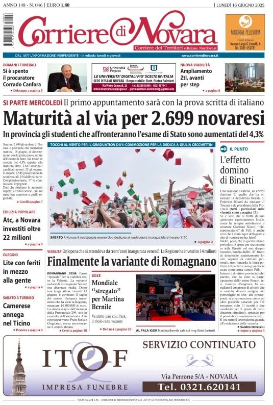 Copertina Corriere di Novara 16/06/2025