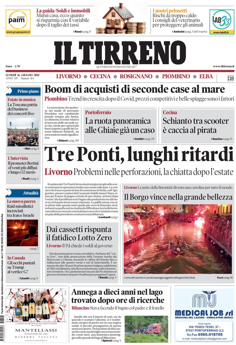 Prima Pagina Il Tirreno (Livorno, Cecina, Rosignano, Piombino, Elba) 16/06/2025