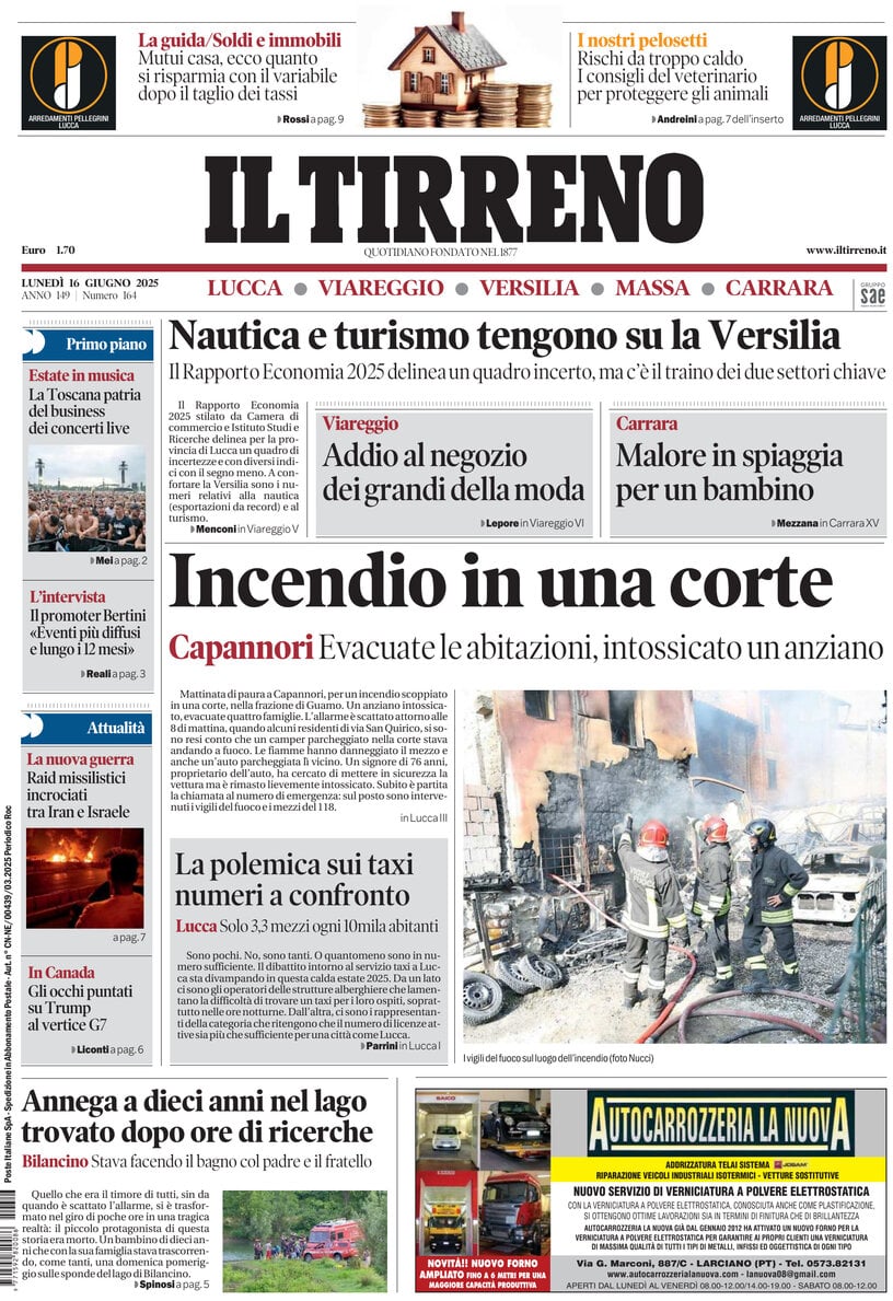 Prima Pagina Il Tirreno (Lucca, Viareggio, Versilia, Massa, Carrara) 16/06/2025
