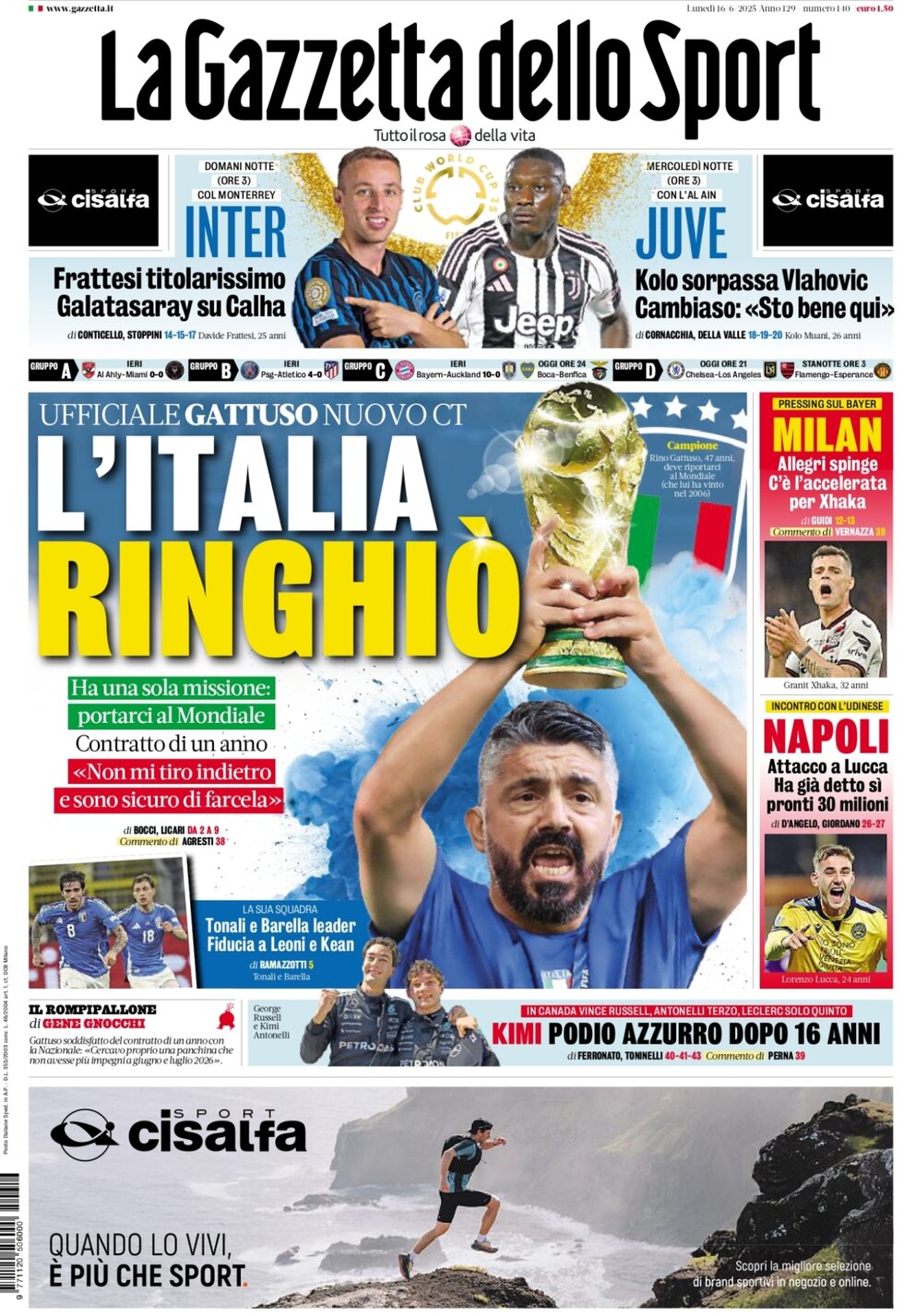 Prima Pagina La Gazzetta dello Sport 16/06/2025