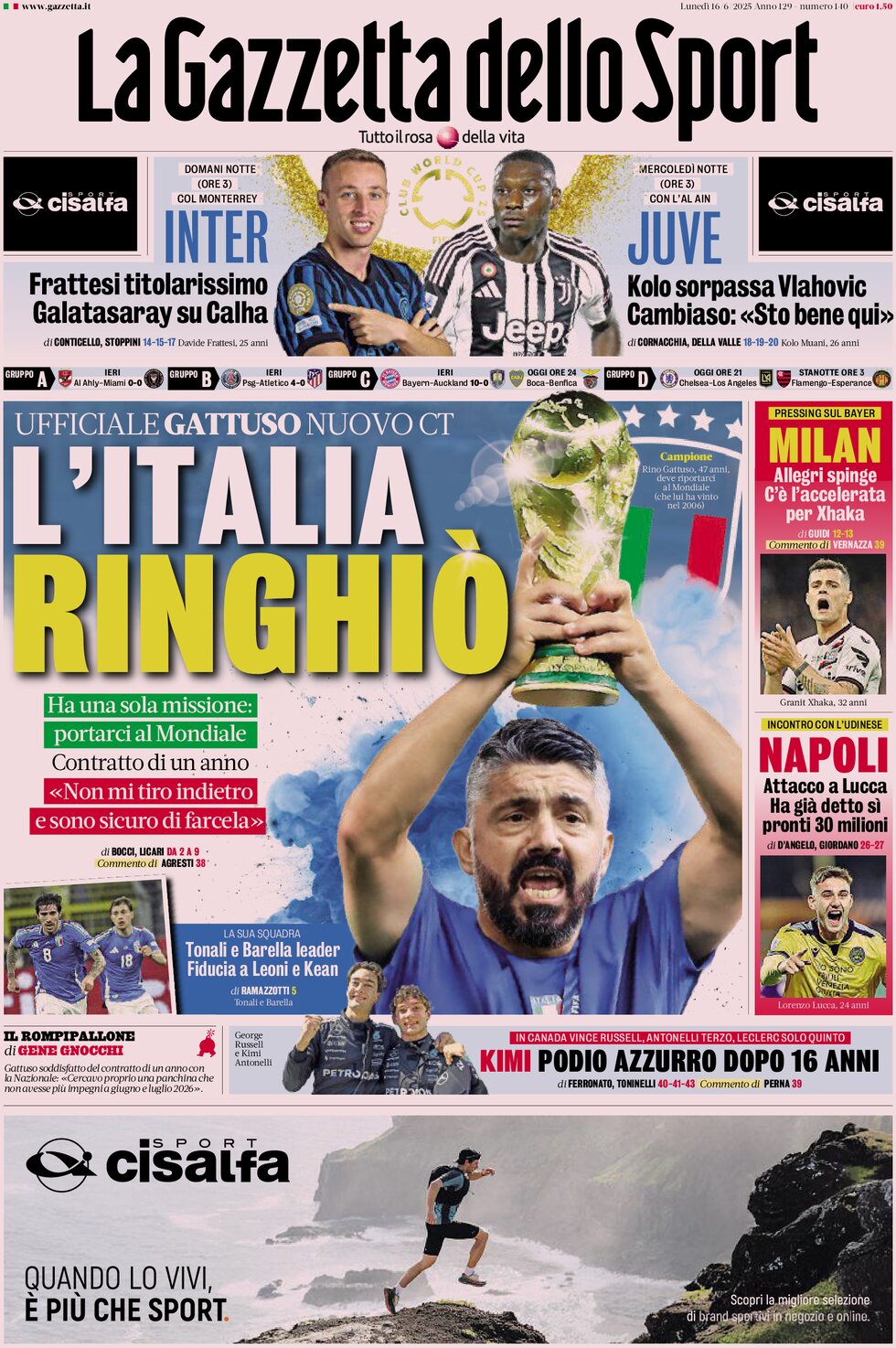 Prima Pagina La Gazzetta dello Sport 16/06/2025