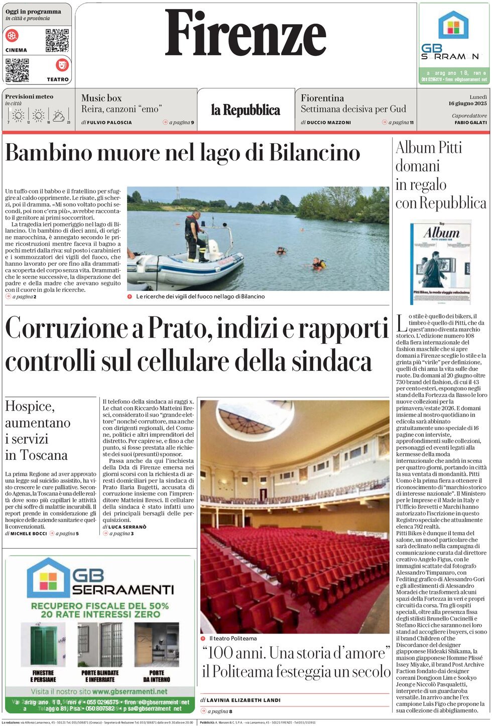 Prima Pagina La Repubblica (Firenze) 16/06/2025