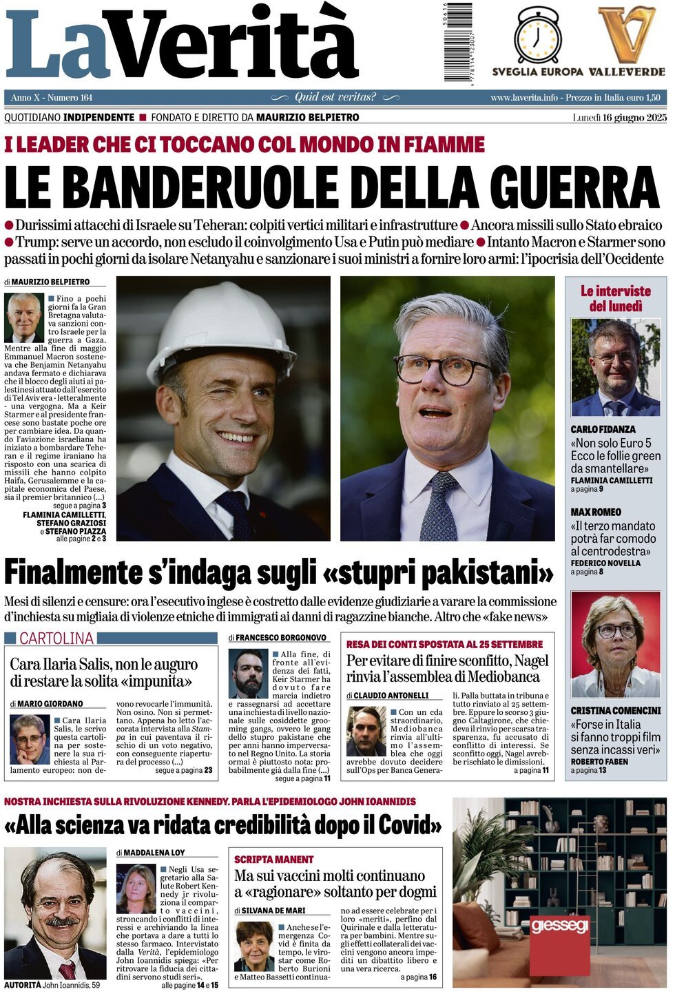 Prima Pagina La Verità 16/06/2025