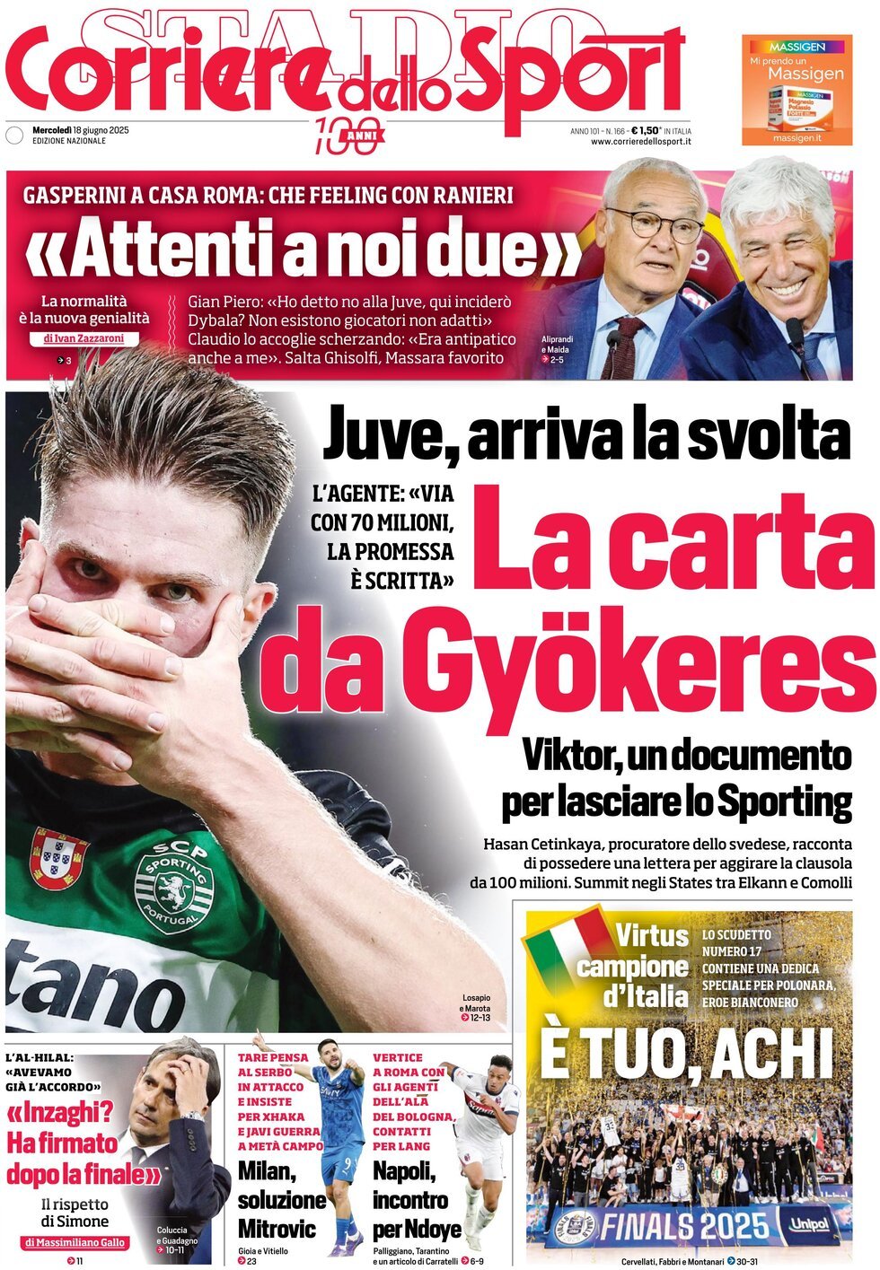 Prima Pagina Corriere dello Sport 18/06/2025