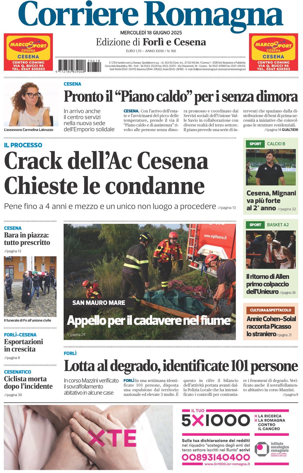 Prima Pagina Corriere Romagna (Forlì e Cesena) 18/06/2025