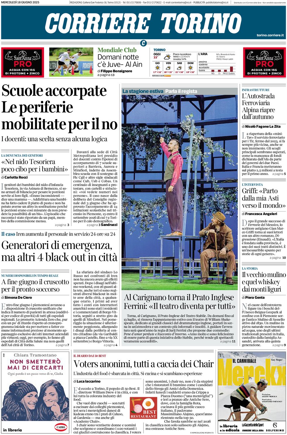 Prima Pagina Corriere Torino 18/06/2025