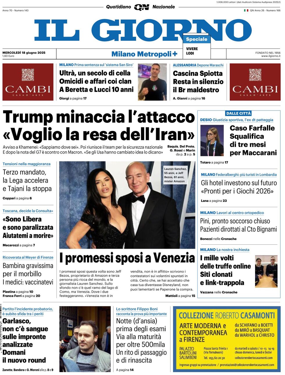 Prima Pagina Il Giorno (Milano Metropoli) 18/06/2025