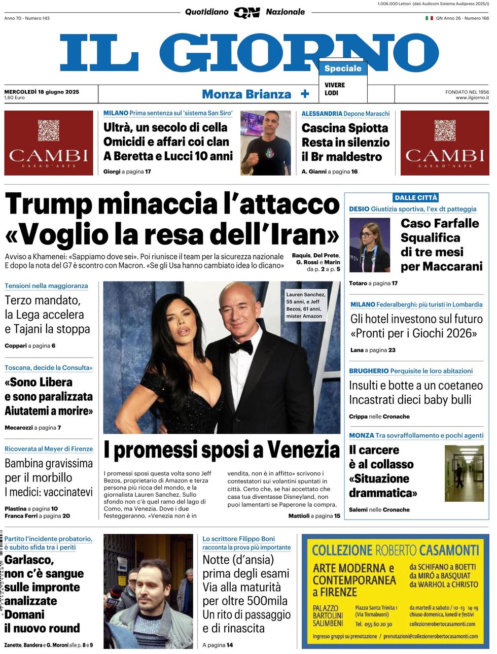 Prima Pagina Il Giorno (Monza Brianza) 18/06/2025
