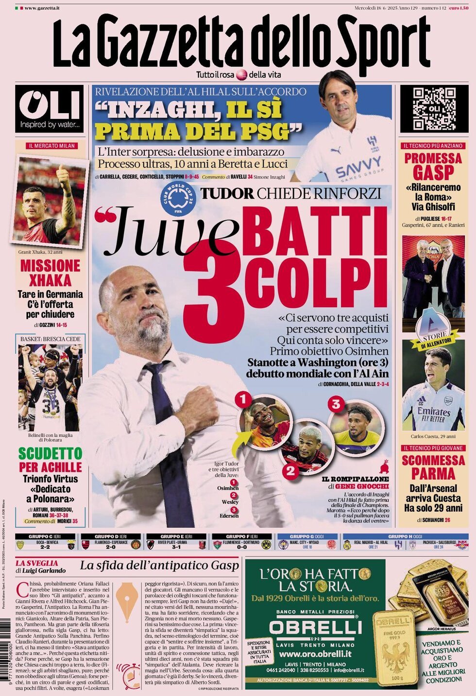 Prima Pagina La Gazzetta dello Sport 18/06/2025