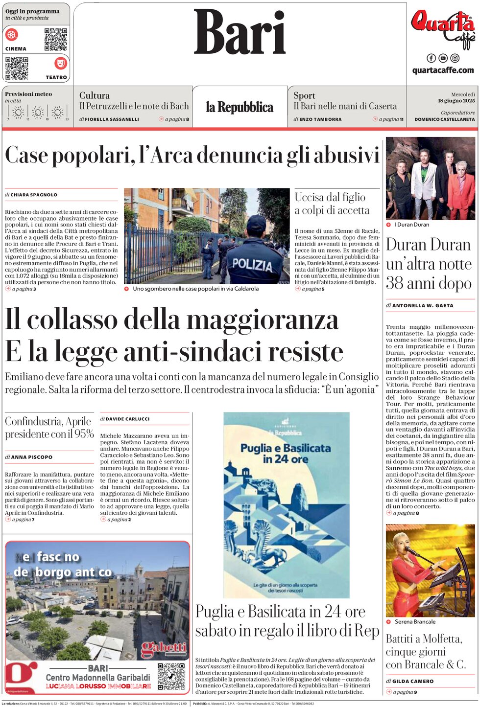 Prima Pagina La Repubblica (Bari) 18/06/2025