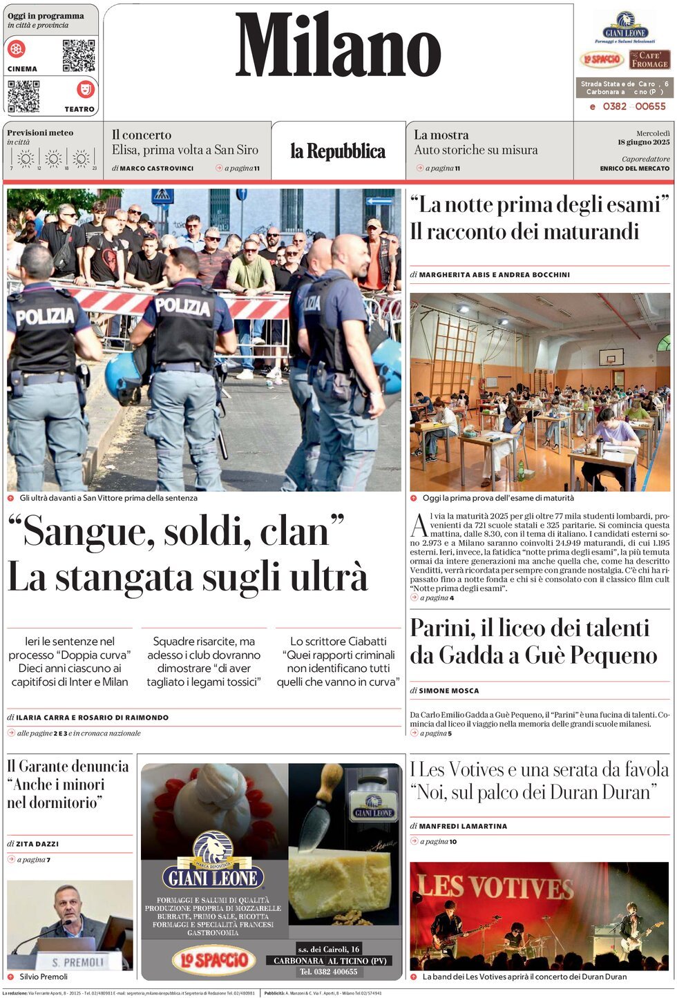 Prima Pagina La Repubblica (Milano) 18/06/2025