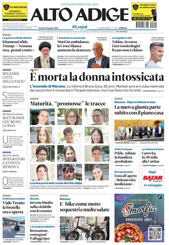 Prima Pagina Alto Adige 19/06/2025