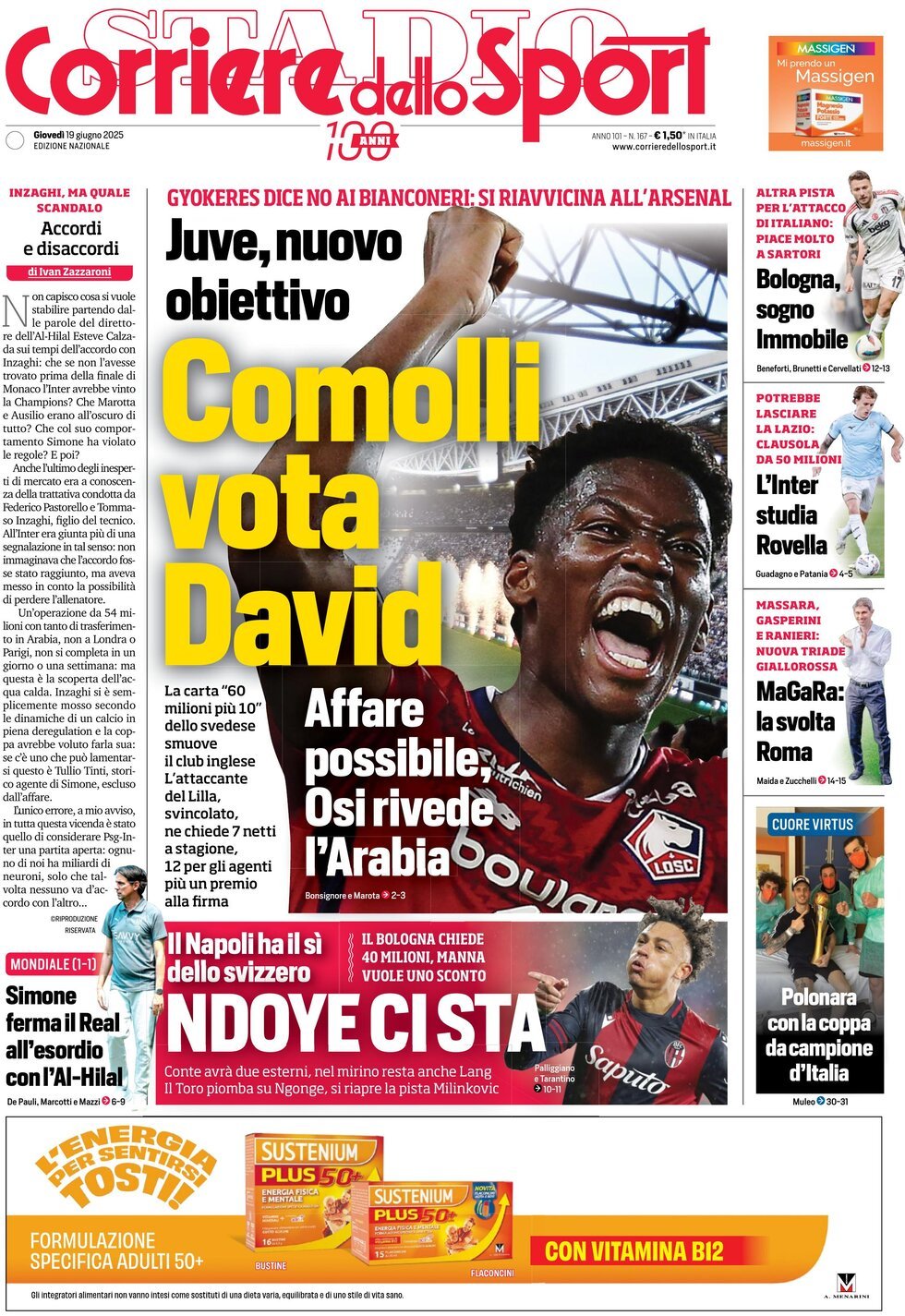 Prima Pagina Corriere dello Sport 19/06/2025