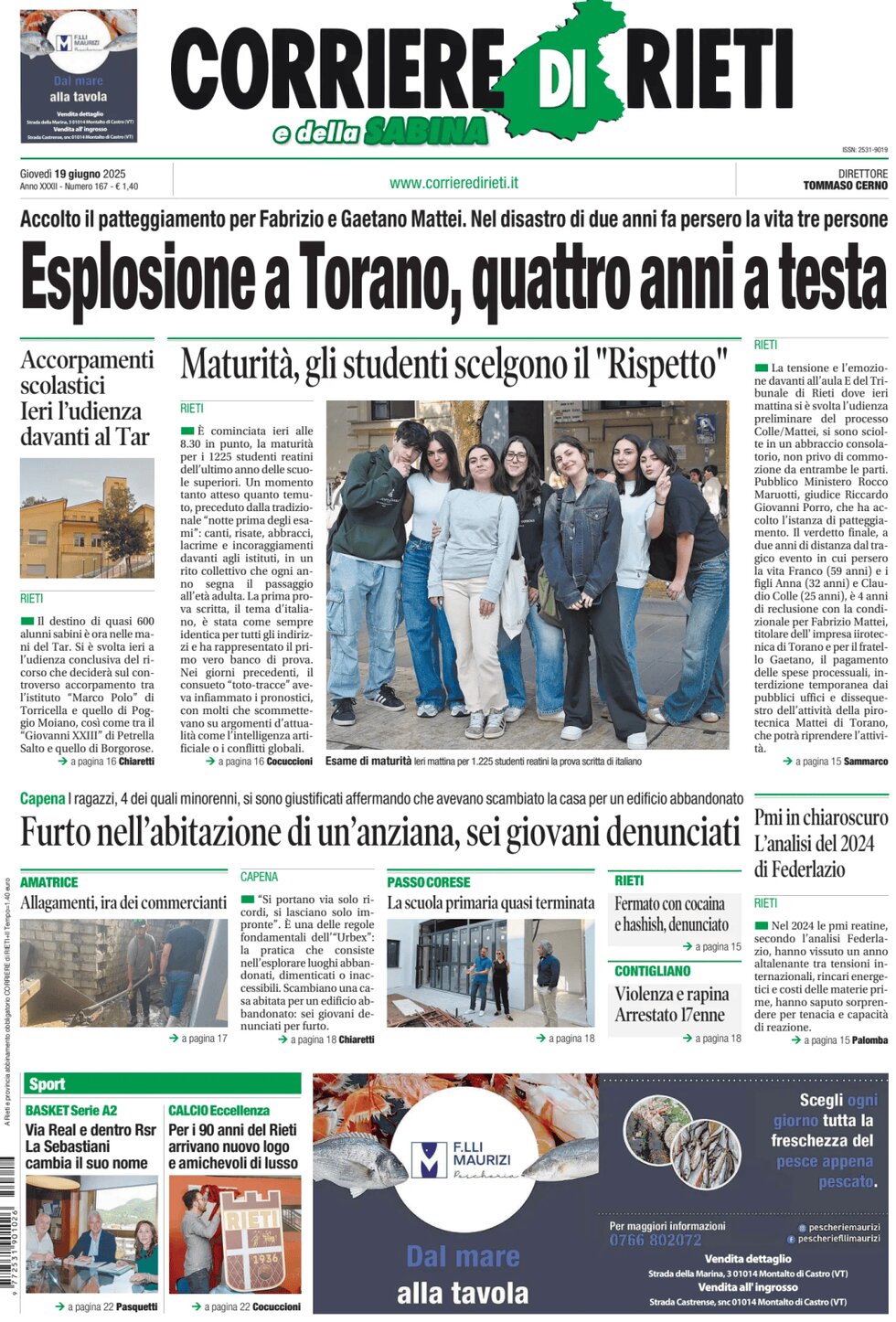 Prima Pagina Corriere di Rieti e della Sabina 19/06/2025