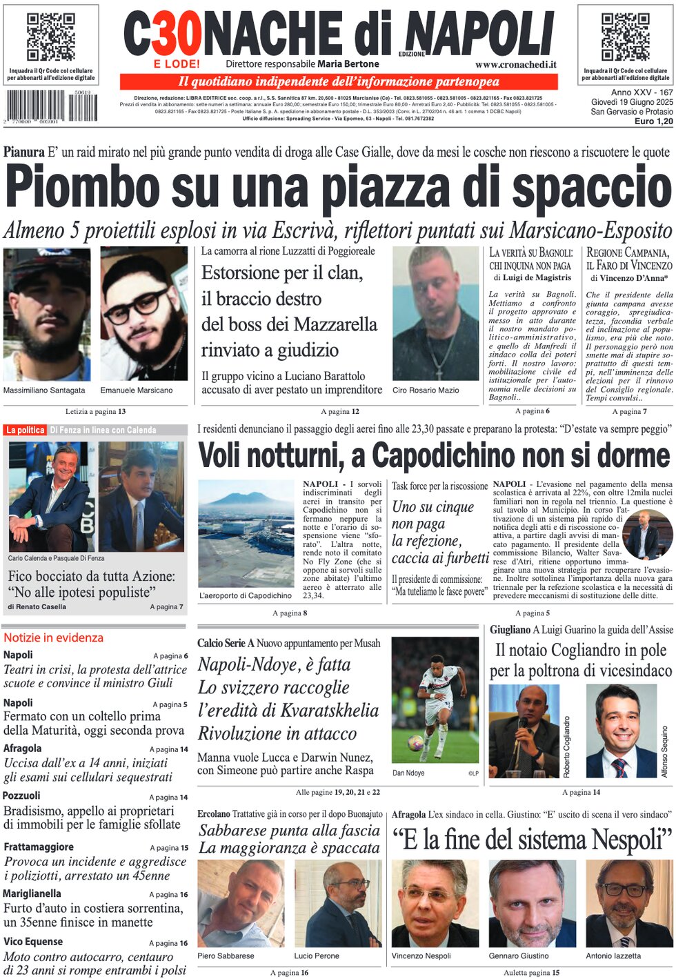 Prima Pagina Cronache di Napoli 19/06/2025