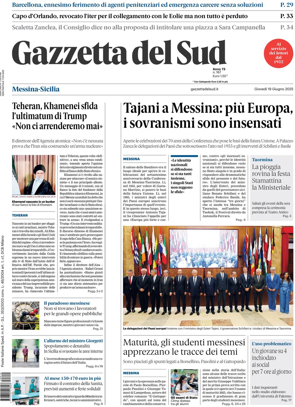 Prima Pagina Gazzetta del Sud (Messina) 19/06/2025
