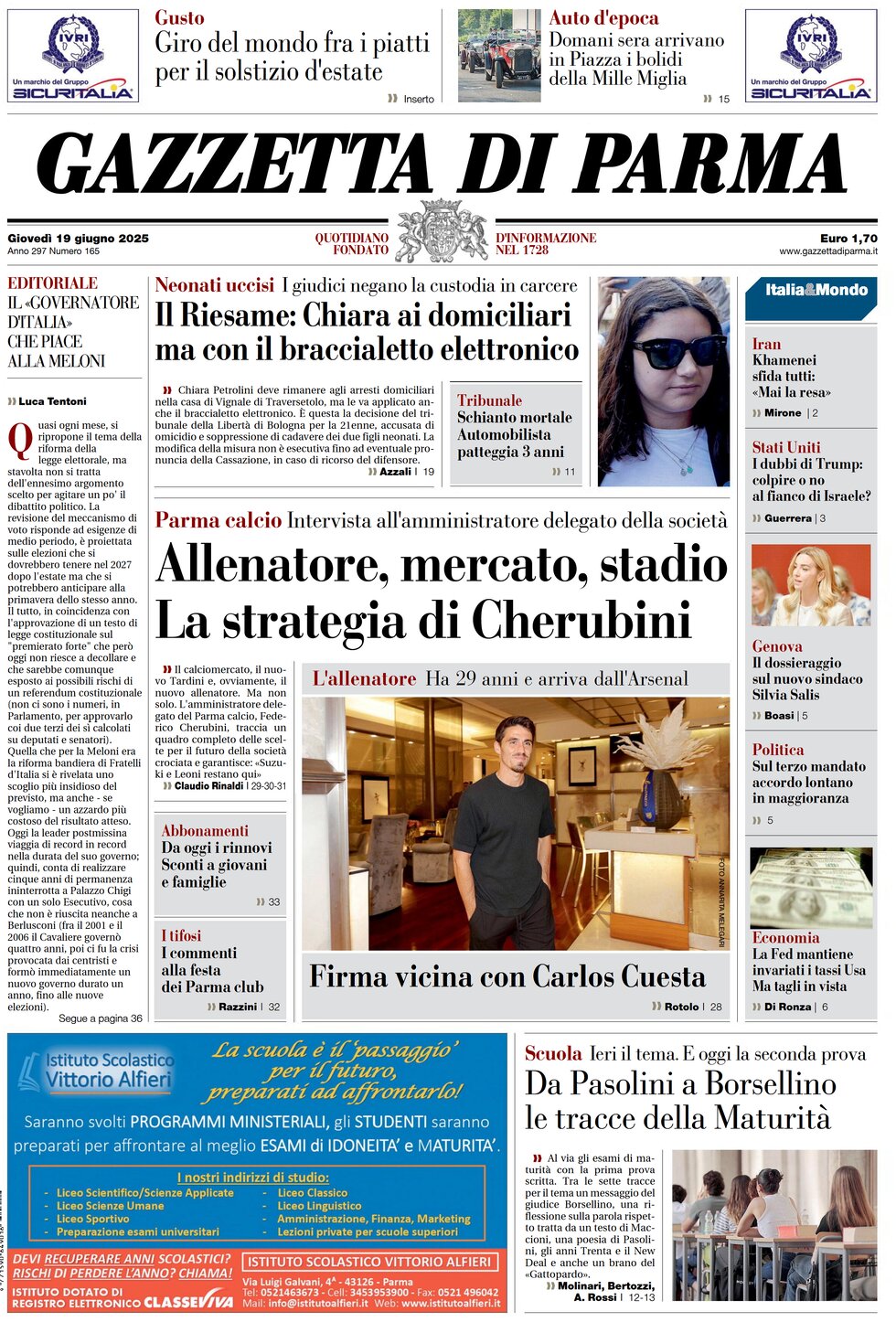 Prima Pagina Gazzetta di Parma 19/06/2025