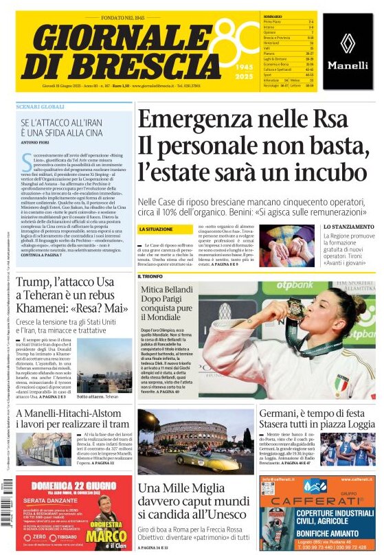 Prima Pagina Giornale di Brescia 19/06/2025