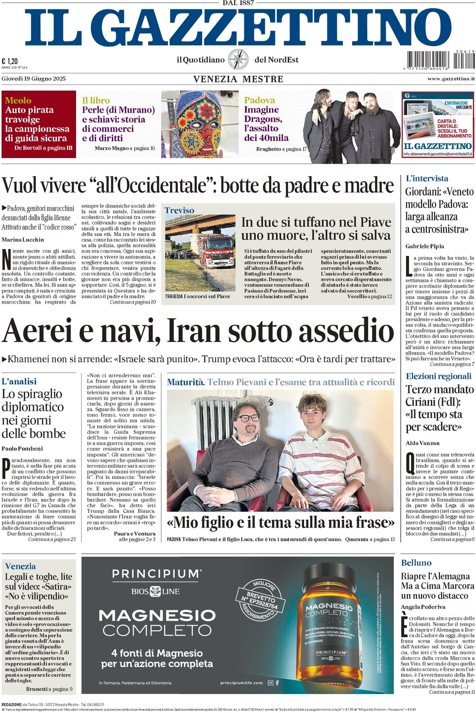 Prima Pagina Il Gazzettino 19/06/2025