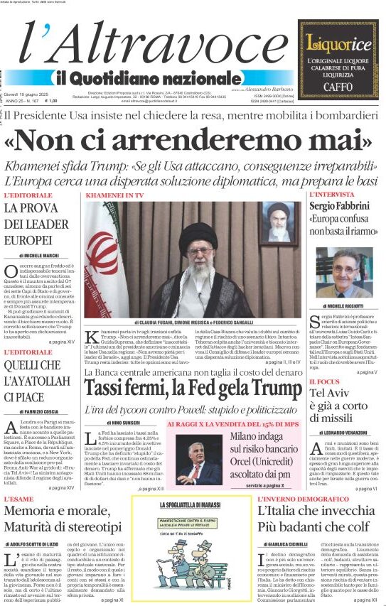 Prima Pagina Il Quotidiano del Sud L'Altravoce 19/06/2025