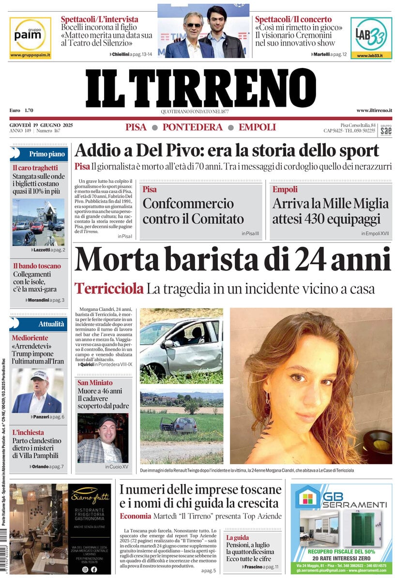 Prima Pagina Il Tirreno (Pisa, Pontedera) 19/06/2025