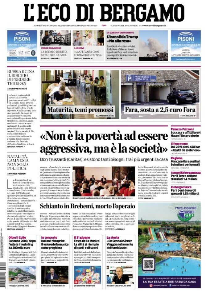 Prima Pagina L'Eco di Bergamo 19/06/2025