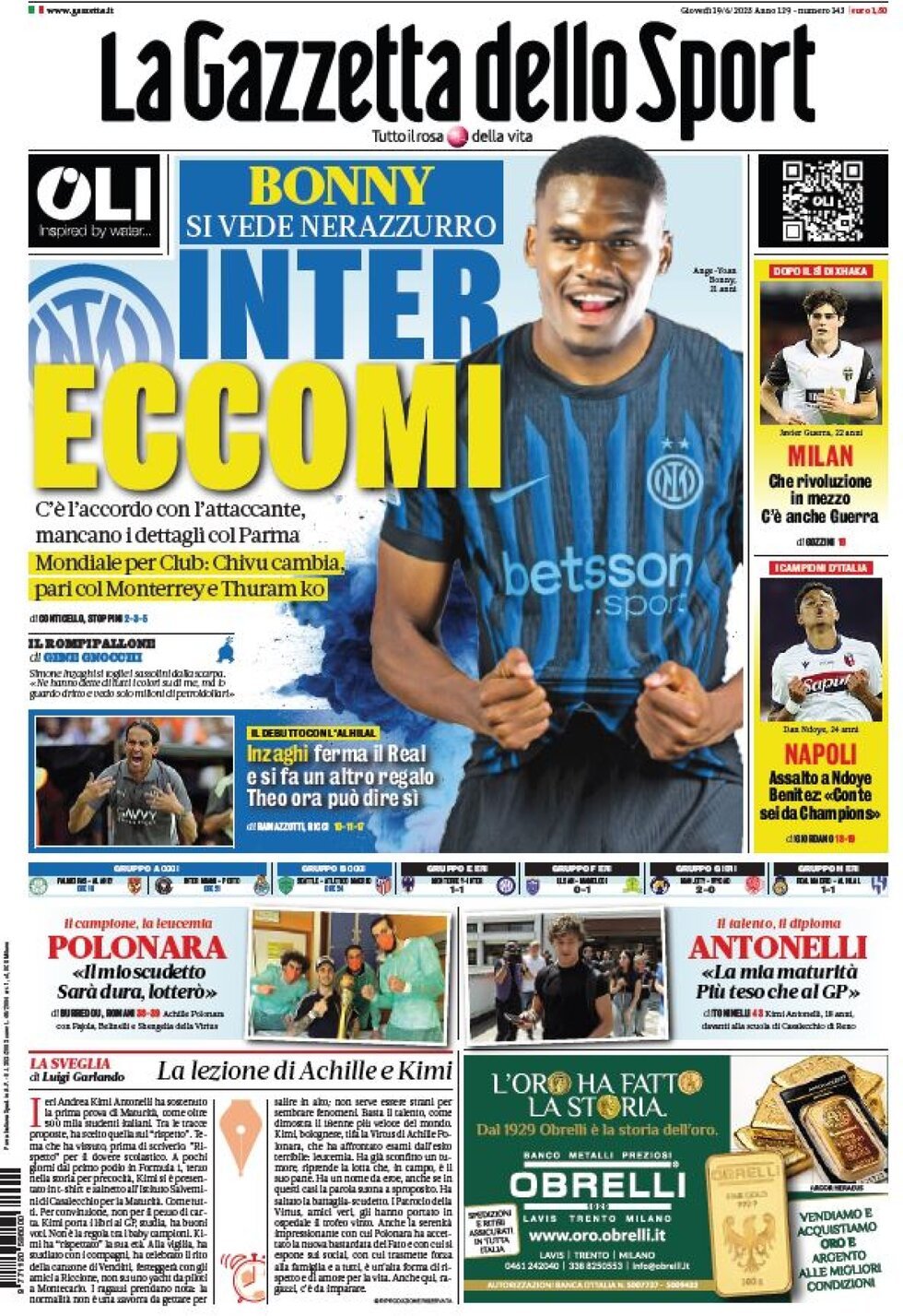 Prima Pagina La Gazzetta dello Sport 19/06/2025