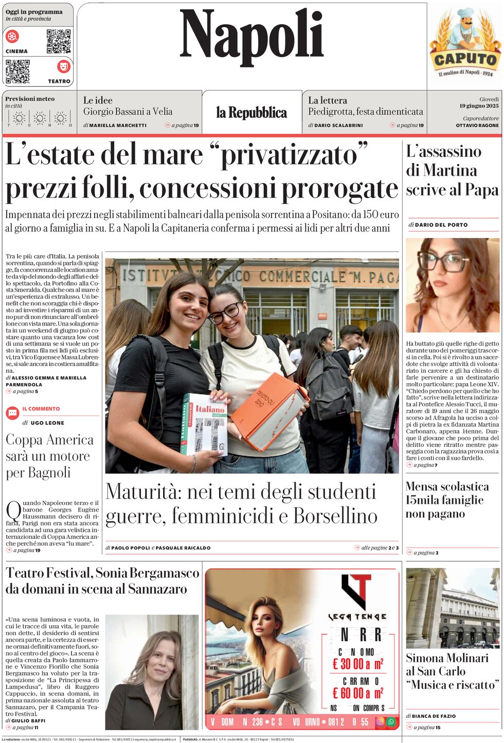 Prima Pagina La Repubblica (Napoli) 19/06/2025