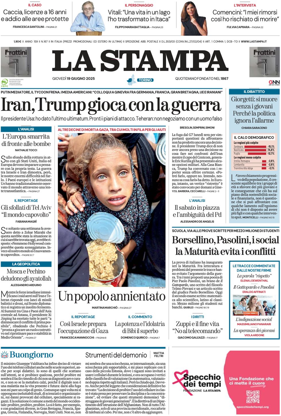 Prima Pagina La Stampa 19/06/2025