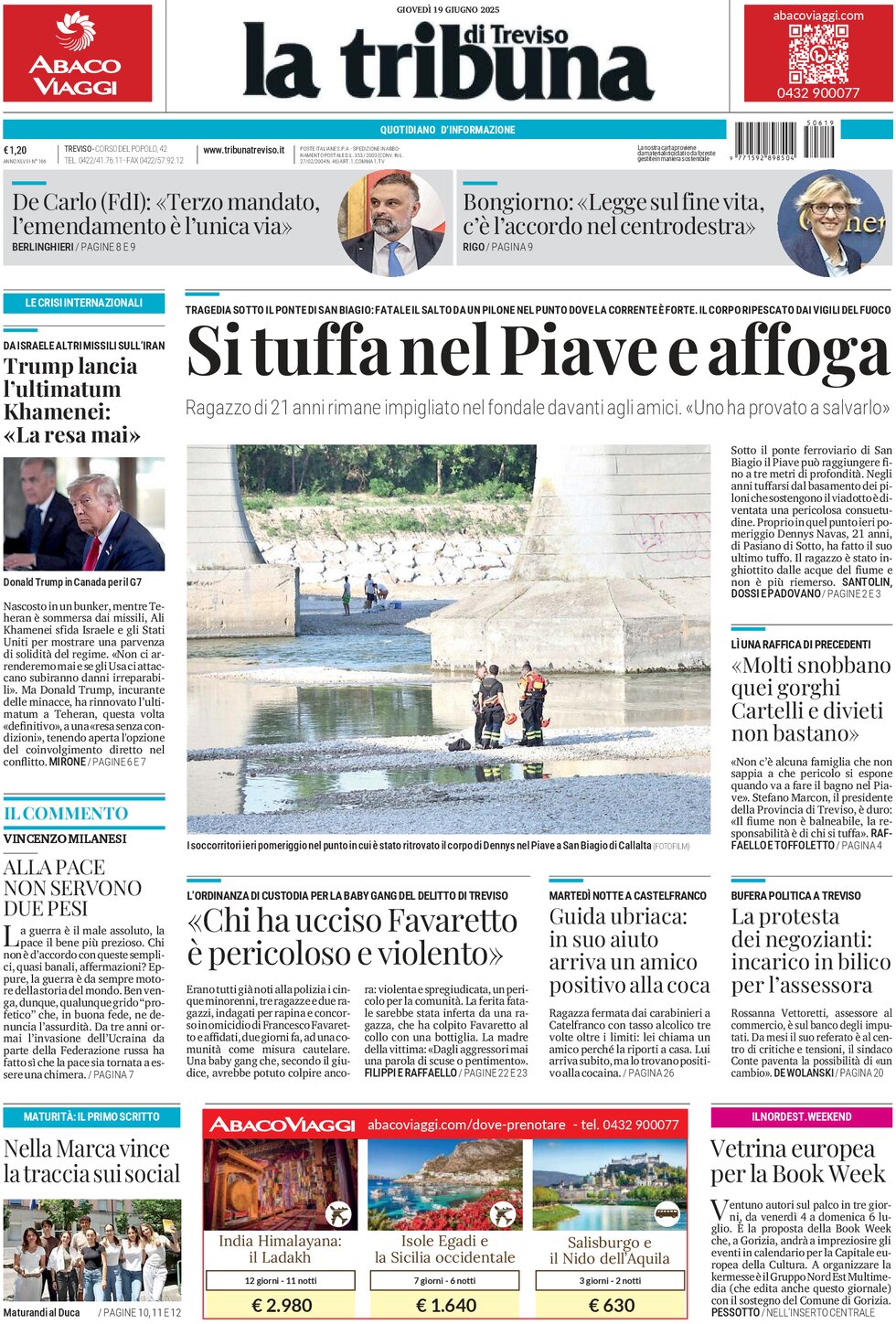 Prima Pagina La Tribuna di Treviso 19/06/2025