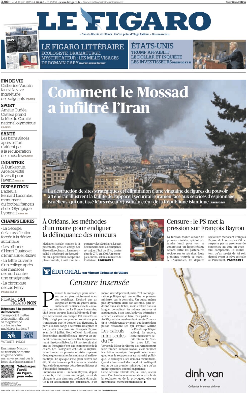Prima Pagina Le Figaro 19/06/2025